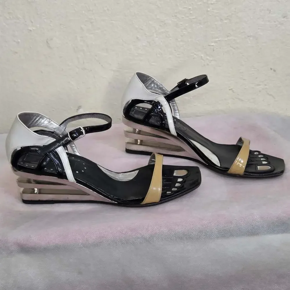 Catherine Malandrino Black and White Patent Leather Wedge Sandals